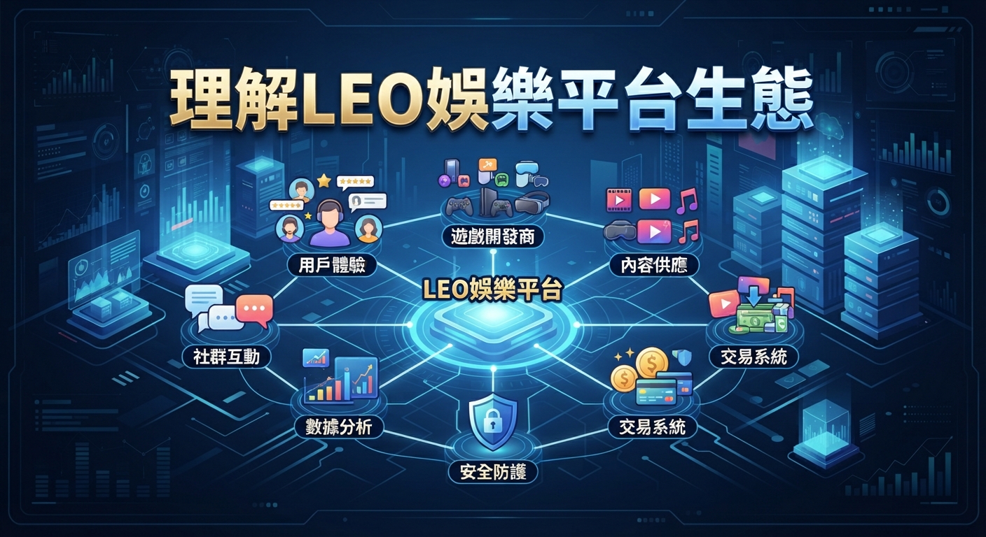 這張圖片展示了LEO娛樂平台的核心生態系統與其各項關鍵功能模組。 整體設計採用具科技感的深色背景,並透過圖標與連線清晰呈現平台網絡。